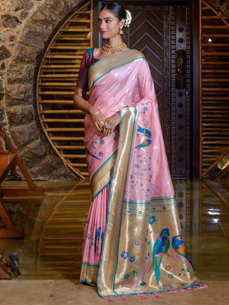 Baby Pink Paithani Silk Handwoven Wedding Festival Heavy Border Saree