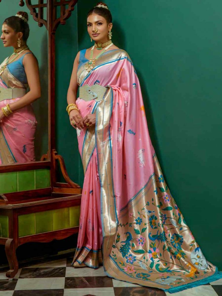 Baby Pink Paithani Silk Handwoven Wedding Festival Heavy Border Saree