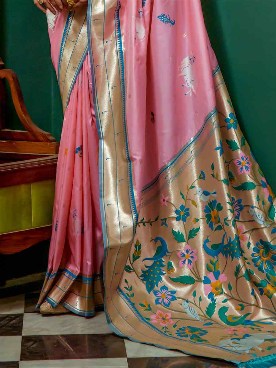 Baby Pink Paithani Silk Handwoven Wedding Festival Heavy Border Saree