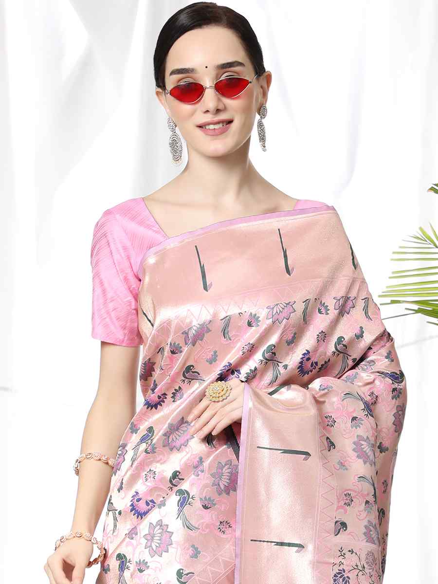 Baby Pink Paithani Silk Handwoven Wedding Festival Heavy Border Saree