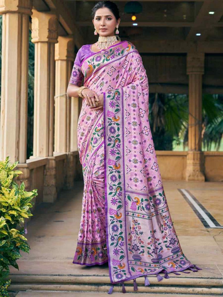 Baby Pink Patola Silk Handwoven Wedding Festival Heavy Border Saree