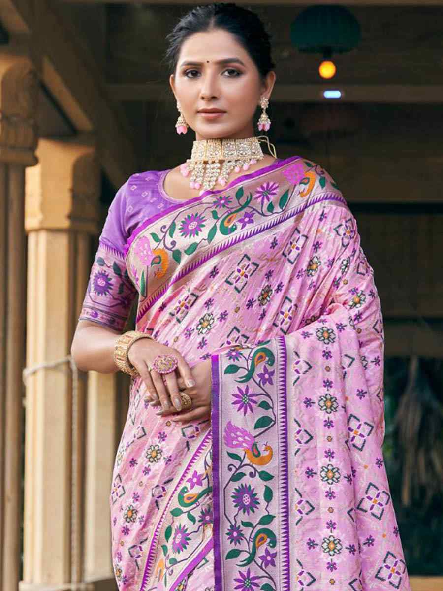 Baby Pink Patola Silk Handwoven Wedding Festival Heavy Border Saree