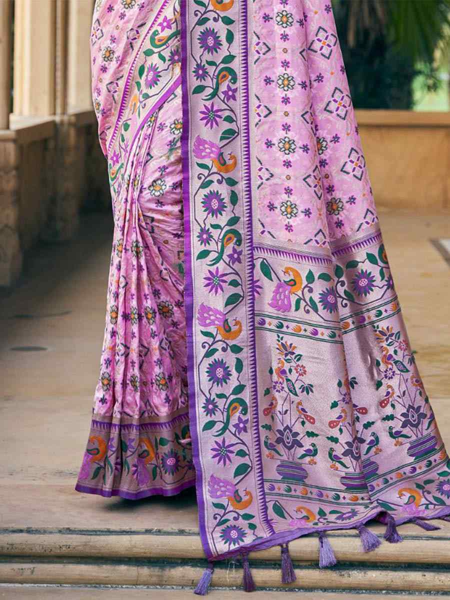 Baby Pink Patola Silk Handwoven Wedding Festival Heavy Border Saree