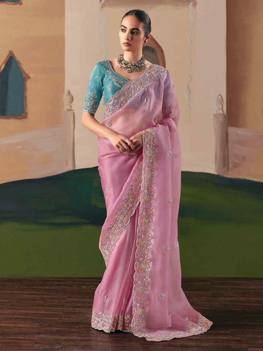 Baby Pink Premium Fancy Silk Embroidery Bridal Reception Festival Wedding Fancy Heavy Border Saree