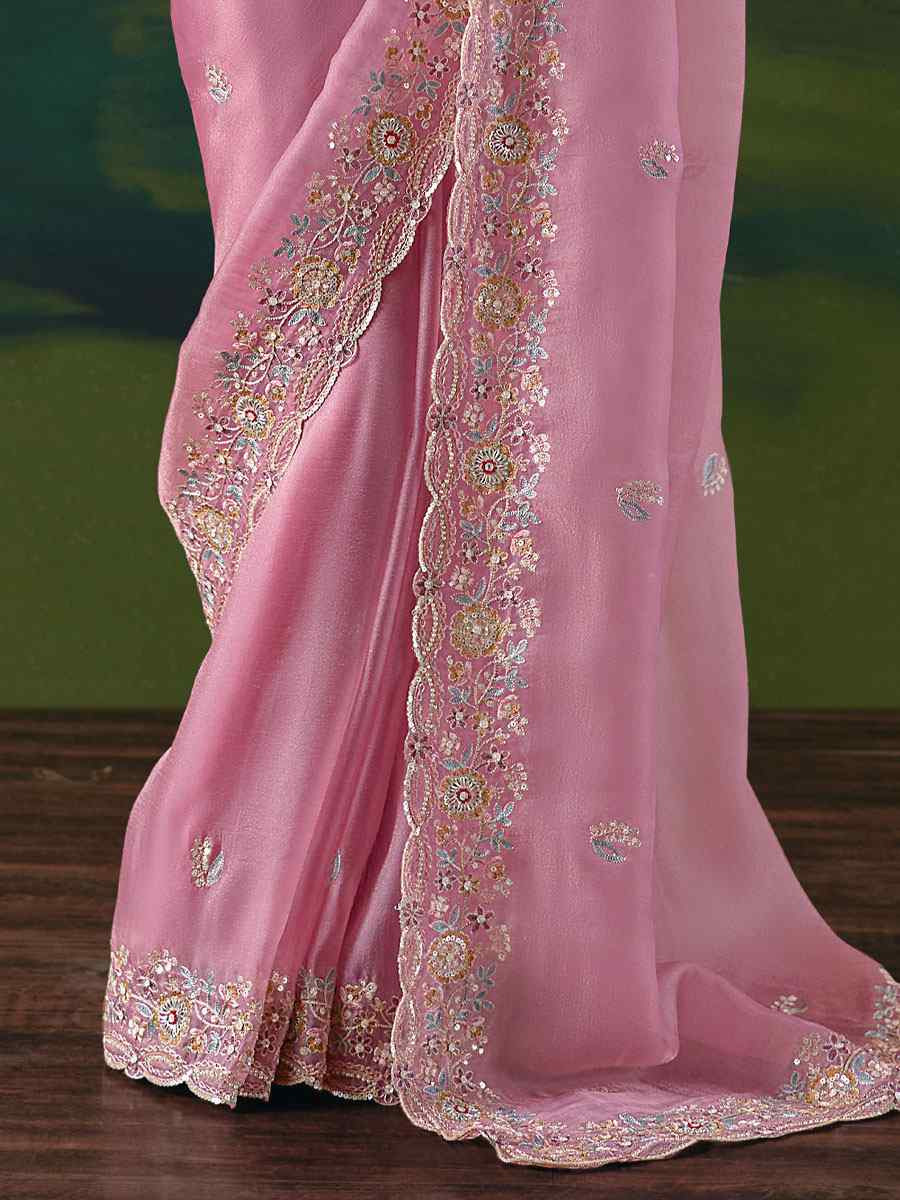 Baby Pink Premium Fancy Silk Embroidery Bridal Reception Festival Wedding Fancy Heavy Border Saree