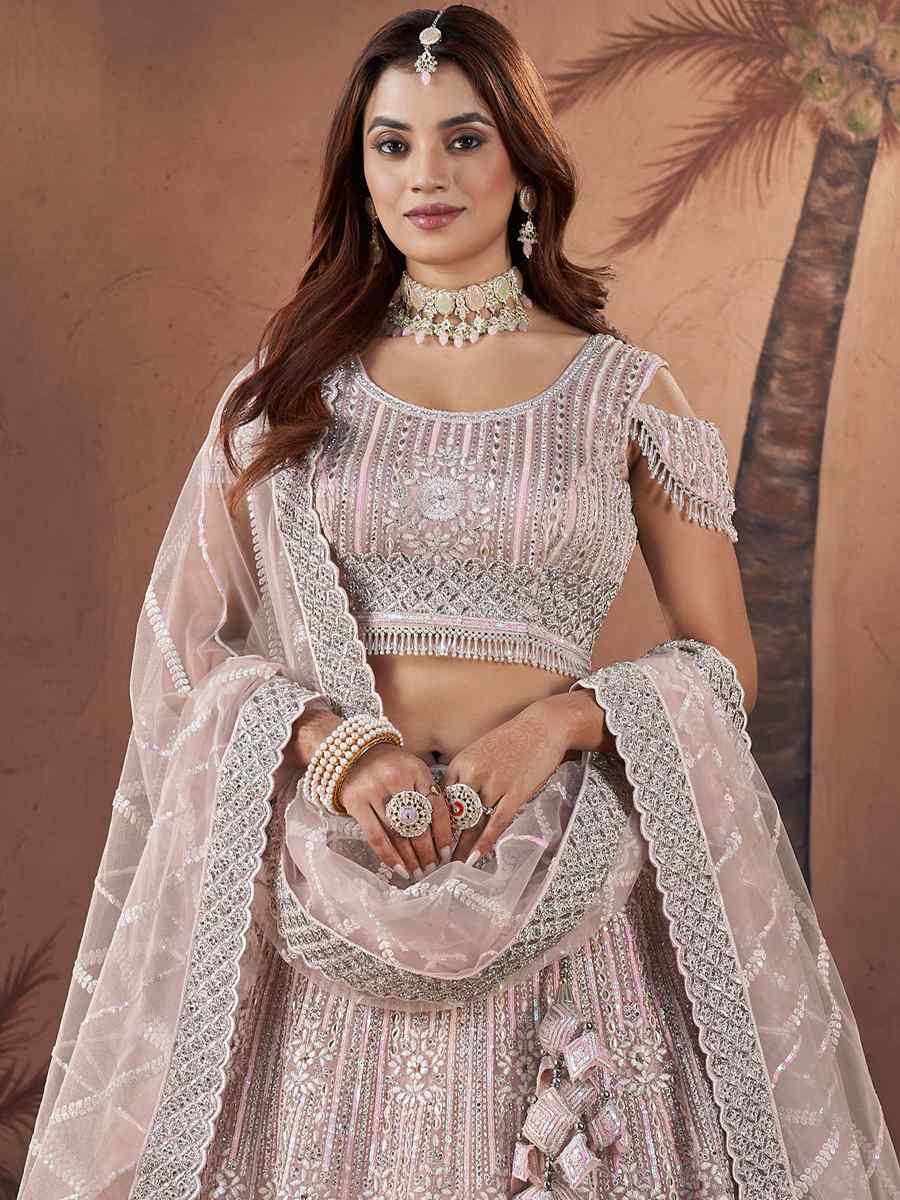 Baby Pink Premium Net Embroidered Bridal Wedding Heavy Border Lehenga Choli