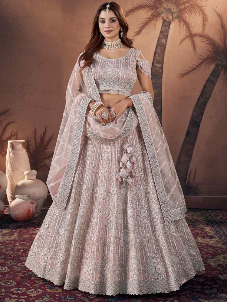 Baby Pink Premium Net Embroidered Bridal Wedding Heavy Border Lehenga Choli