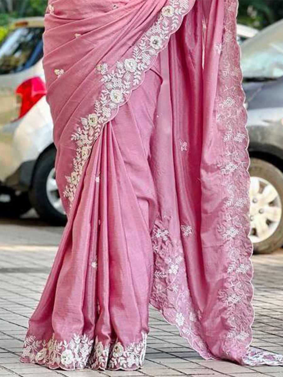 Baby Pink Pure Chinon Silk Embroidery Party Reception Heavy Border Saree