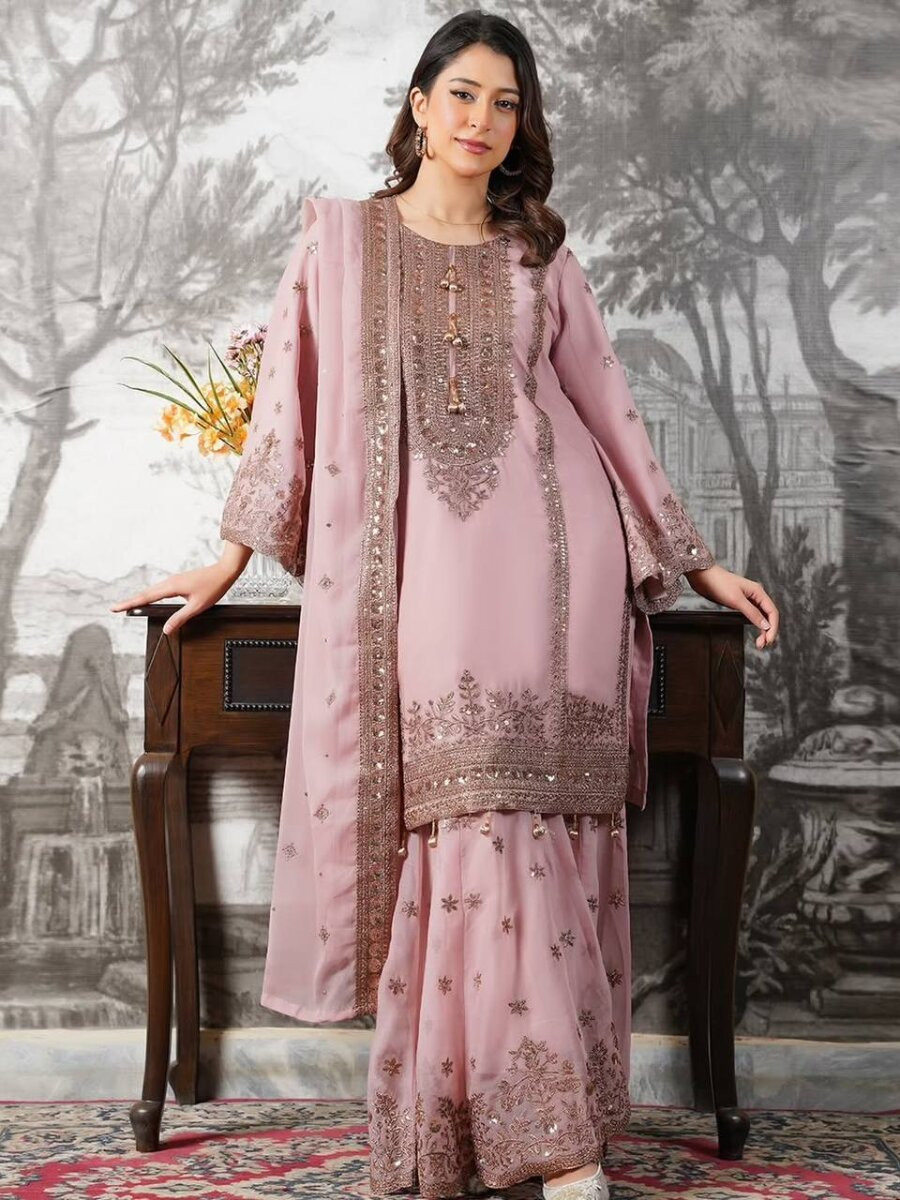 Baby Pink Pure Fendy Silk Embroidery Sequins Zari Festival Party Wedding Casual Ready Sharara Pant Salwar Kameez