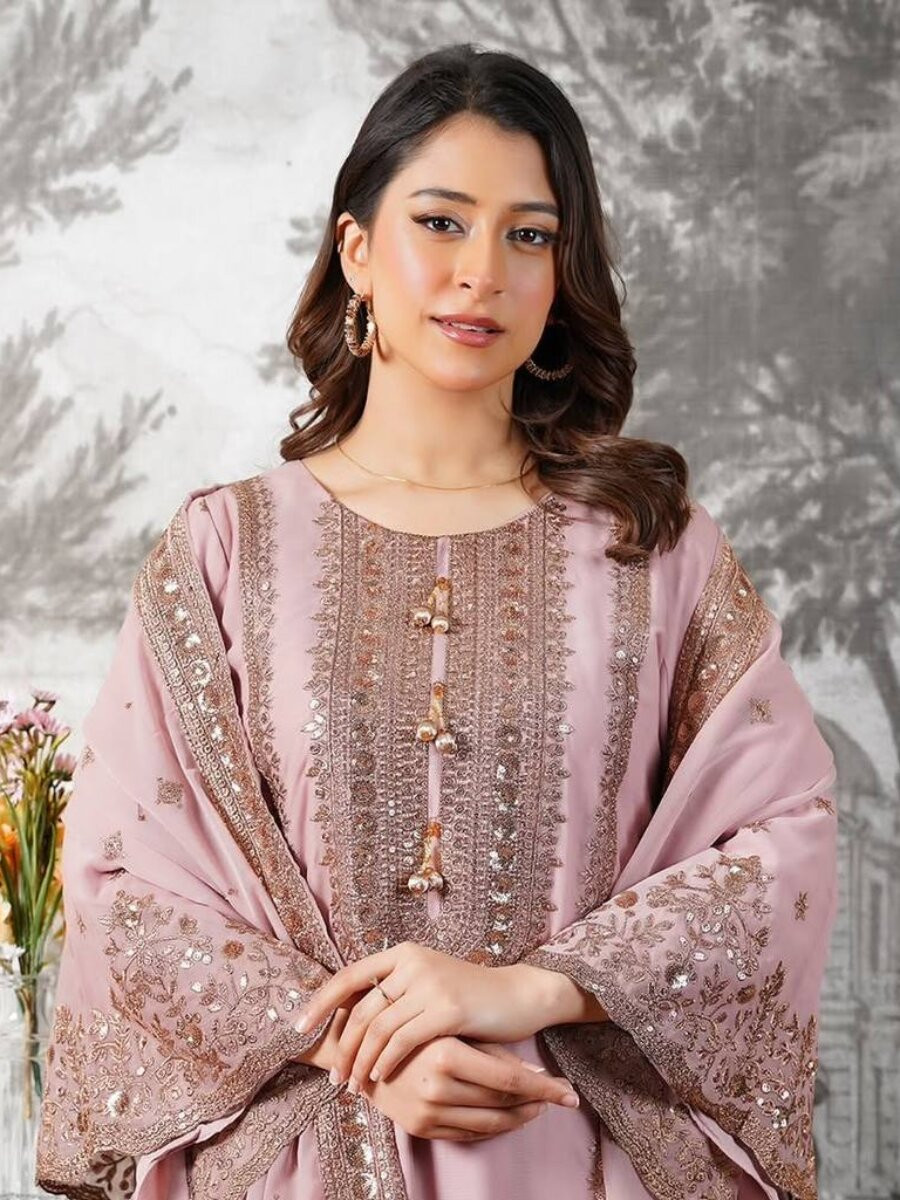 Baby Pink Pure Fendy Silk Embroidery Sequins Zari Festival Party Wedding Casual Ready Sharara Pant Salwar Kameez