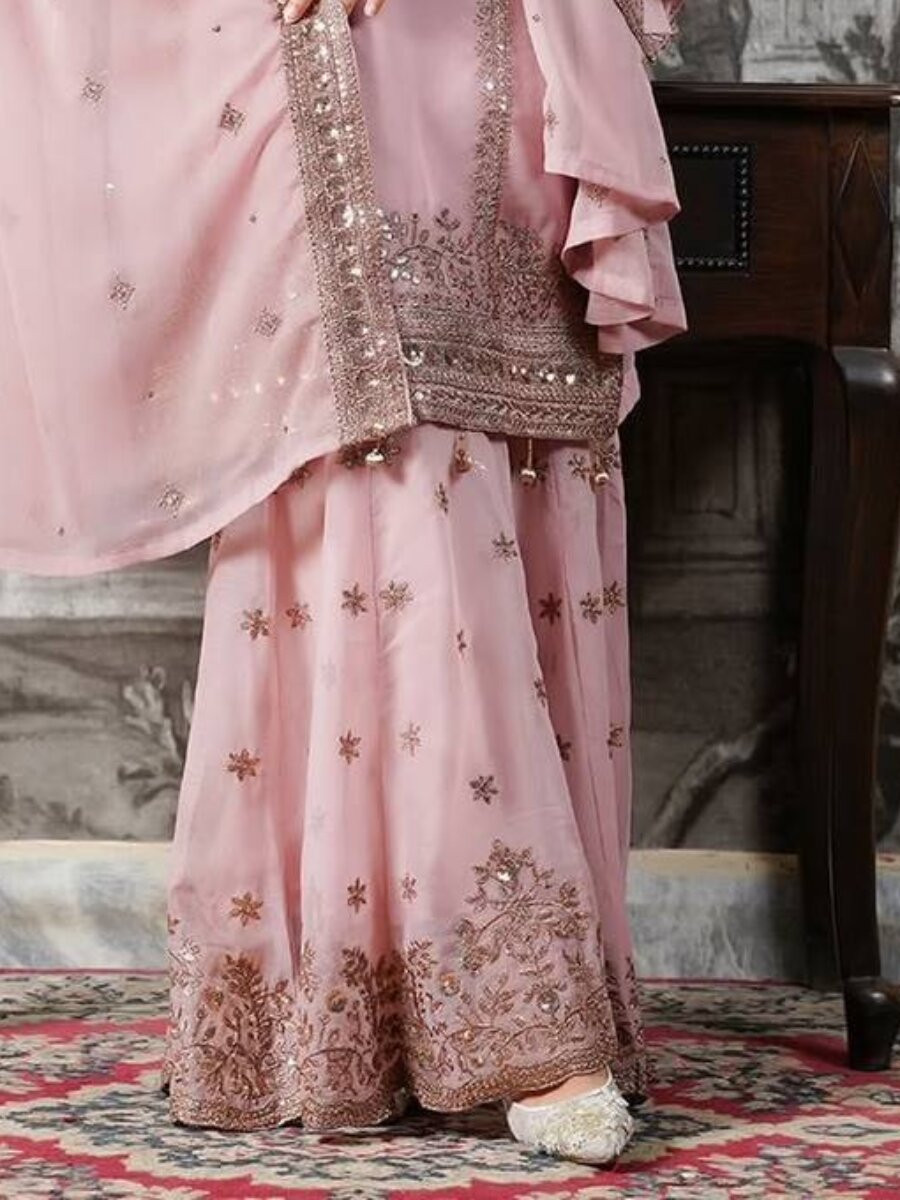 Baby Pink Pure Fendy Silk Embroidery Sequins Zari Festival Party Wedding Casual Ready Sharara Pant Salwar Kameez