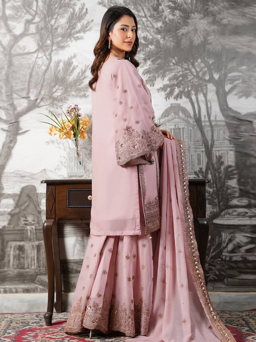 Baby Pink Pure Fendy Silk Embroidery Sequins Zari Festival Party Wedding Casual Ready Sharara Pant Salwar Kameez