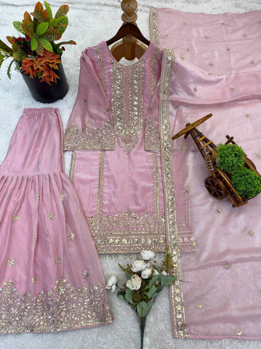 Baby Pink Pure Fendy Silk Embroidery Sequins Zari Festival Party Wedding Casual Ready Sharara Pant Salwar Kameez