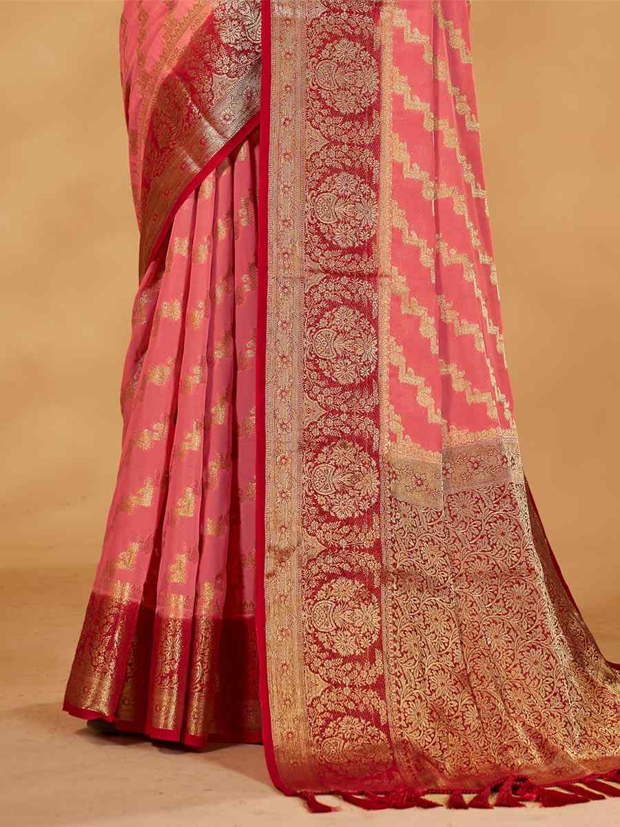 Baby Pink Pure Georgette Handwoven Party Festival Heavy Border Saree