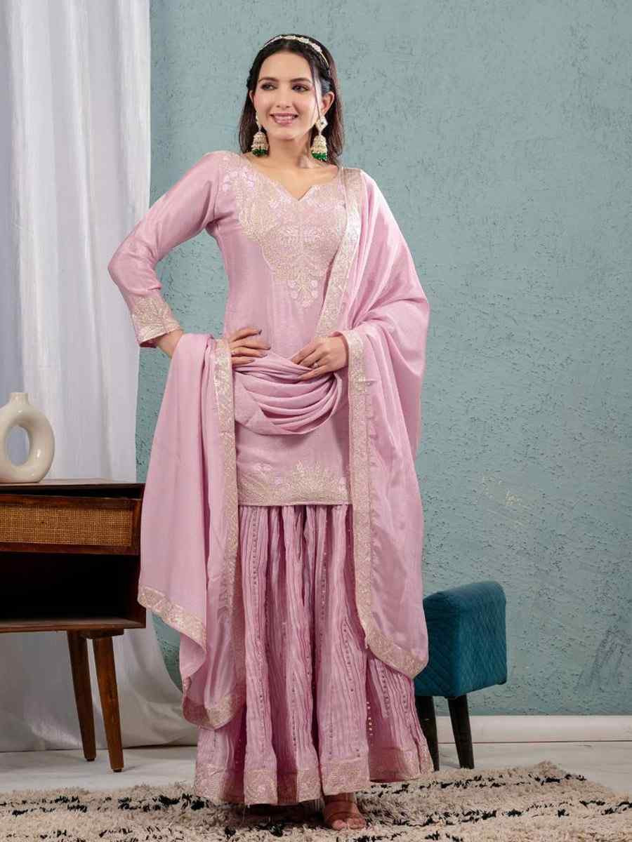 Baby Pink Pure Heavy Chinnon Silk Embroidered Party Wedding Ready Sharara Salwar Kameez
