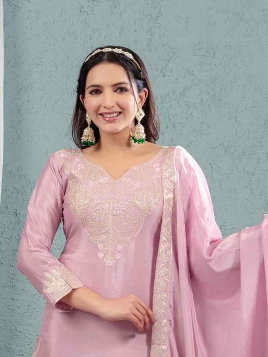 Baby Pink Pure Heavy Chinnon Silk Embroidered Party Wedding Ready Sharara Salwar Kameez