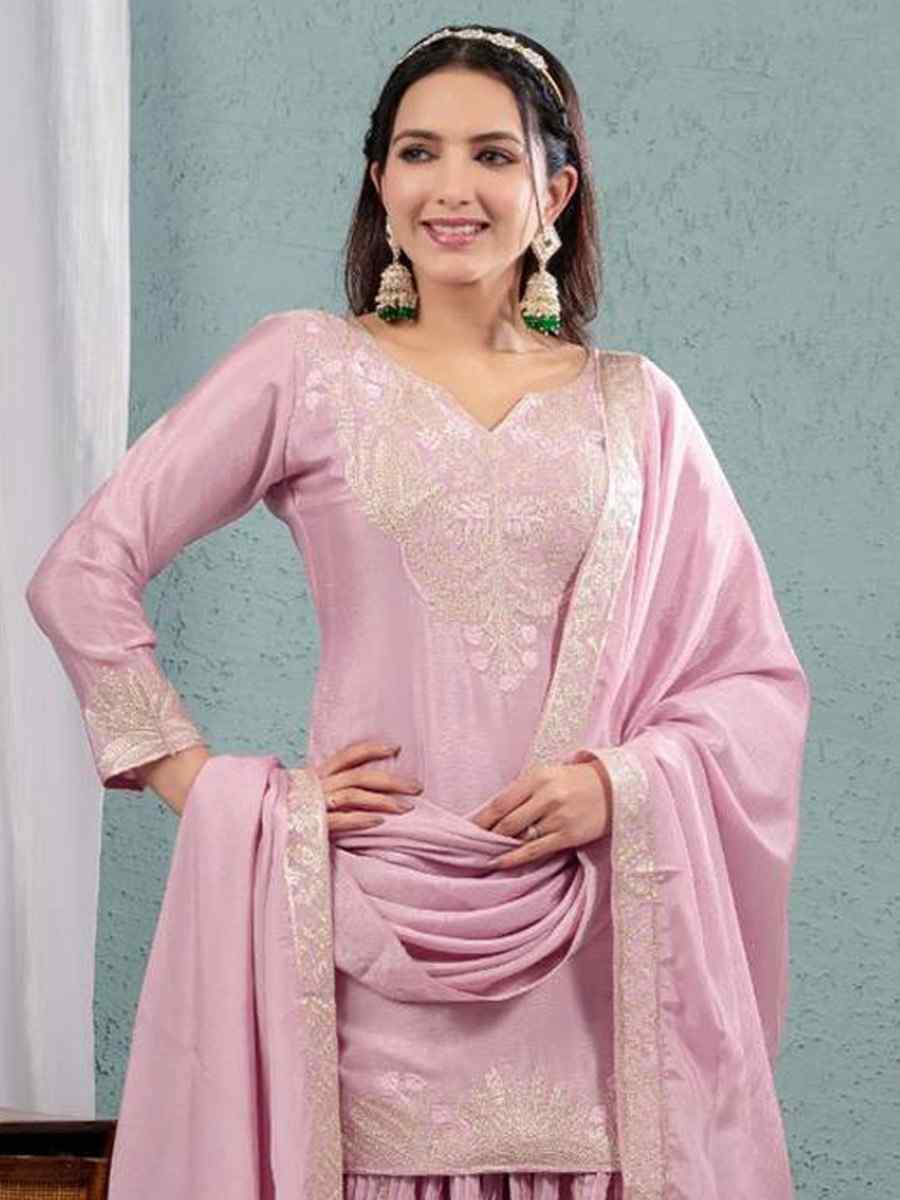 Baby Pink Pure Heavy Chinnon Silk Embroidered Party Wedding Ready Sharara Salwar Kameez