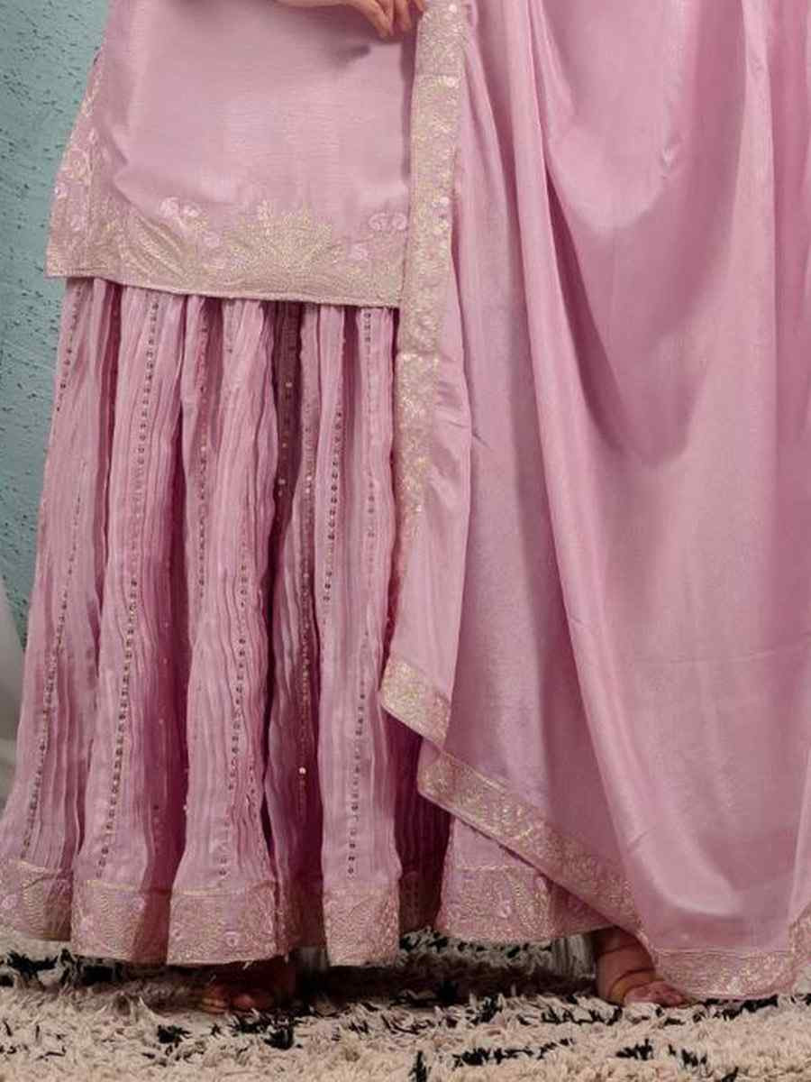 Baby Pink Pure Heavy Chinnon Silk Embroidered Party Wedding Ready Sharara Salwar Kameez