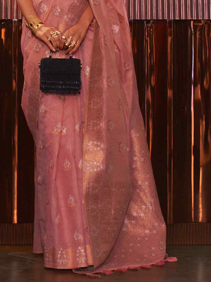 Baby Pink Pure Linen Handwoven Wedding Festival Heavy Border Saree
