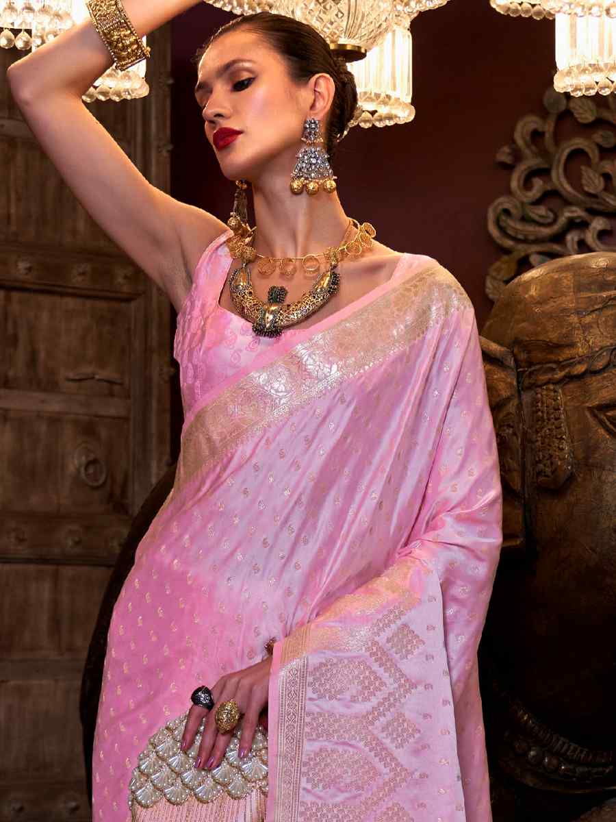 Baby Pink Pure Satin Handwoven Wedding Festival Heavy Border Saree