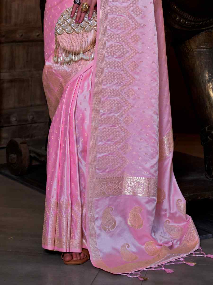 Baby Pink Pure Satin Handwoven Wedding Festival Heavy Border Saree