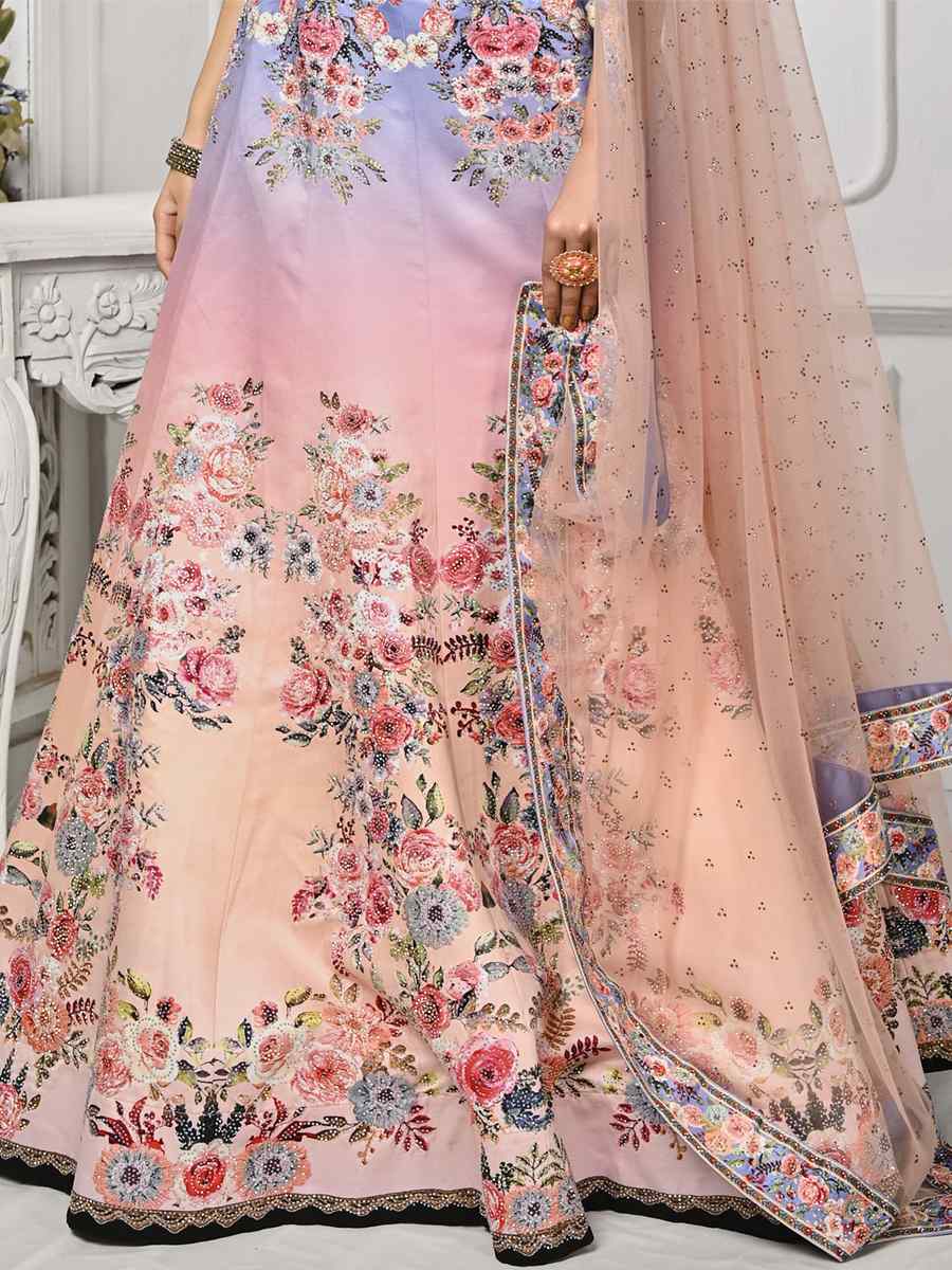 Baby Pink Pure Satin Silk Embroidered Mehendi Festival Circular Lehenga Choli