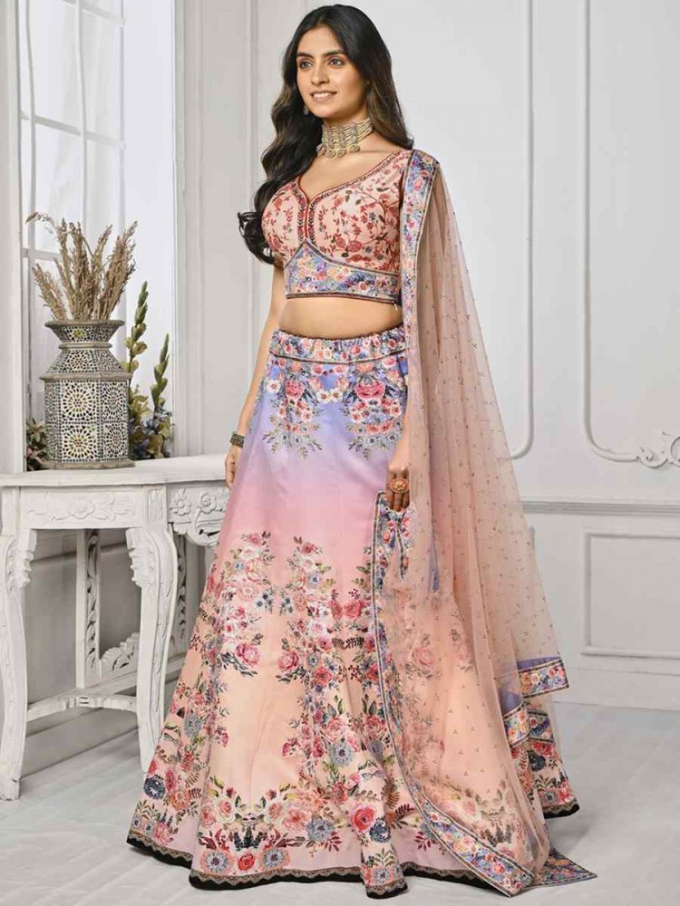 Baby Pink Pure Satin Silk Embroidered Mehendi Festival Circular Lehenga Choli