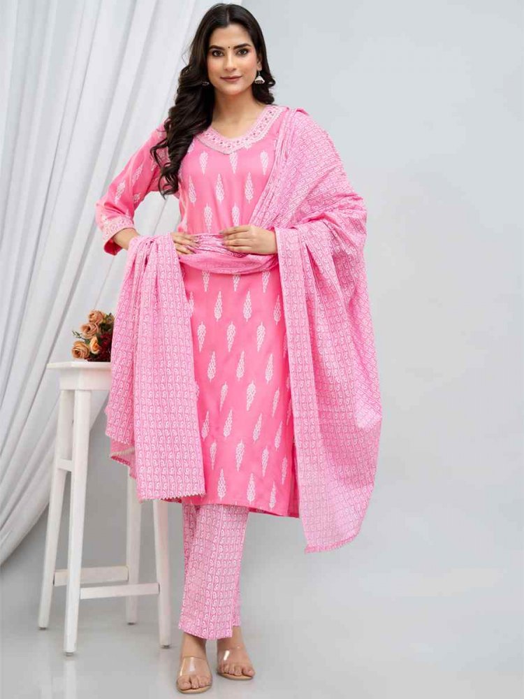 Baby Pink Rayon Cotton Printed Casual Festival Pant Salwar Kameez