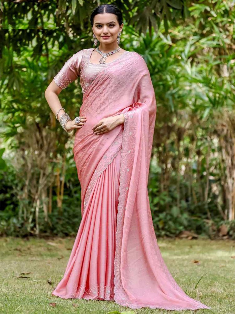 Baby Pink Satin Chiffon Embroidered Festival Party Heavy Border Saree