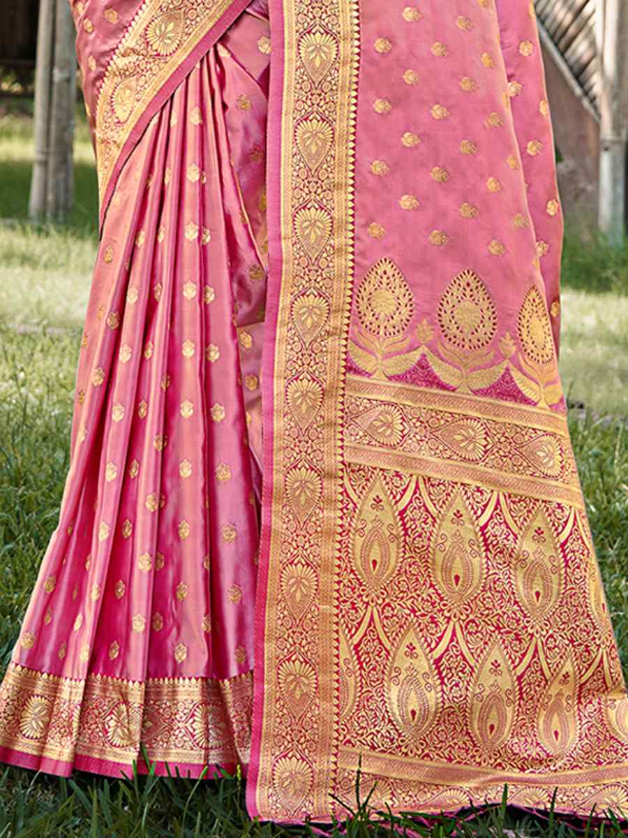 Baby Pink Satin Silk Handwoven Wedding Festival Heavy Border Saree