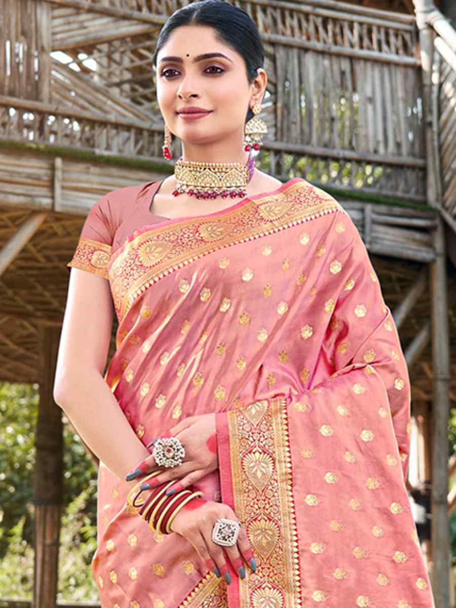 Baby Pink Satin Silk Handwoven Wedding Festival Heavy Border Saree