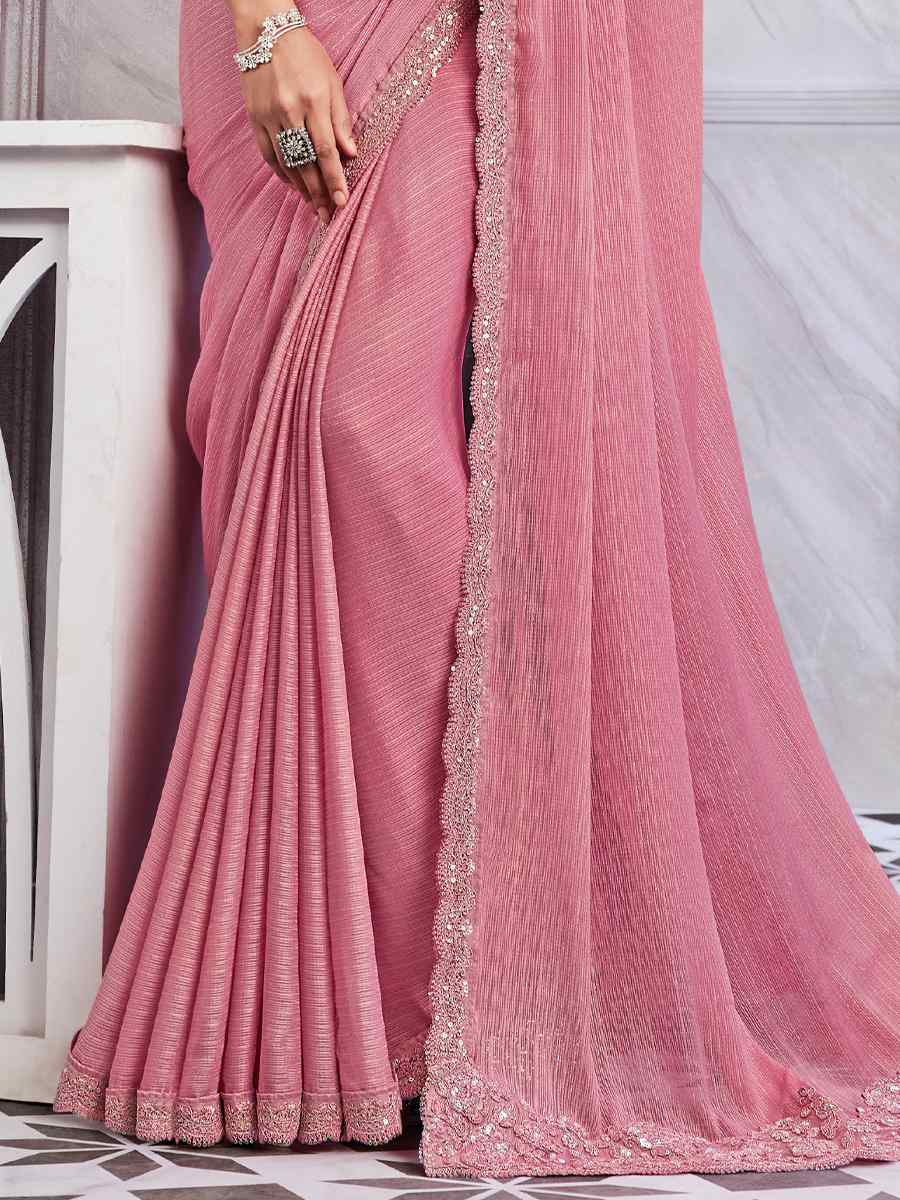 Baby Pink Shimmer Silk Embroidered Bridesmaid Reception Heavy Border Saree