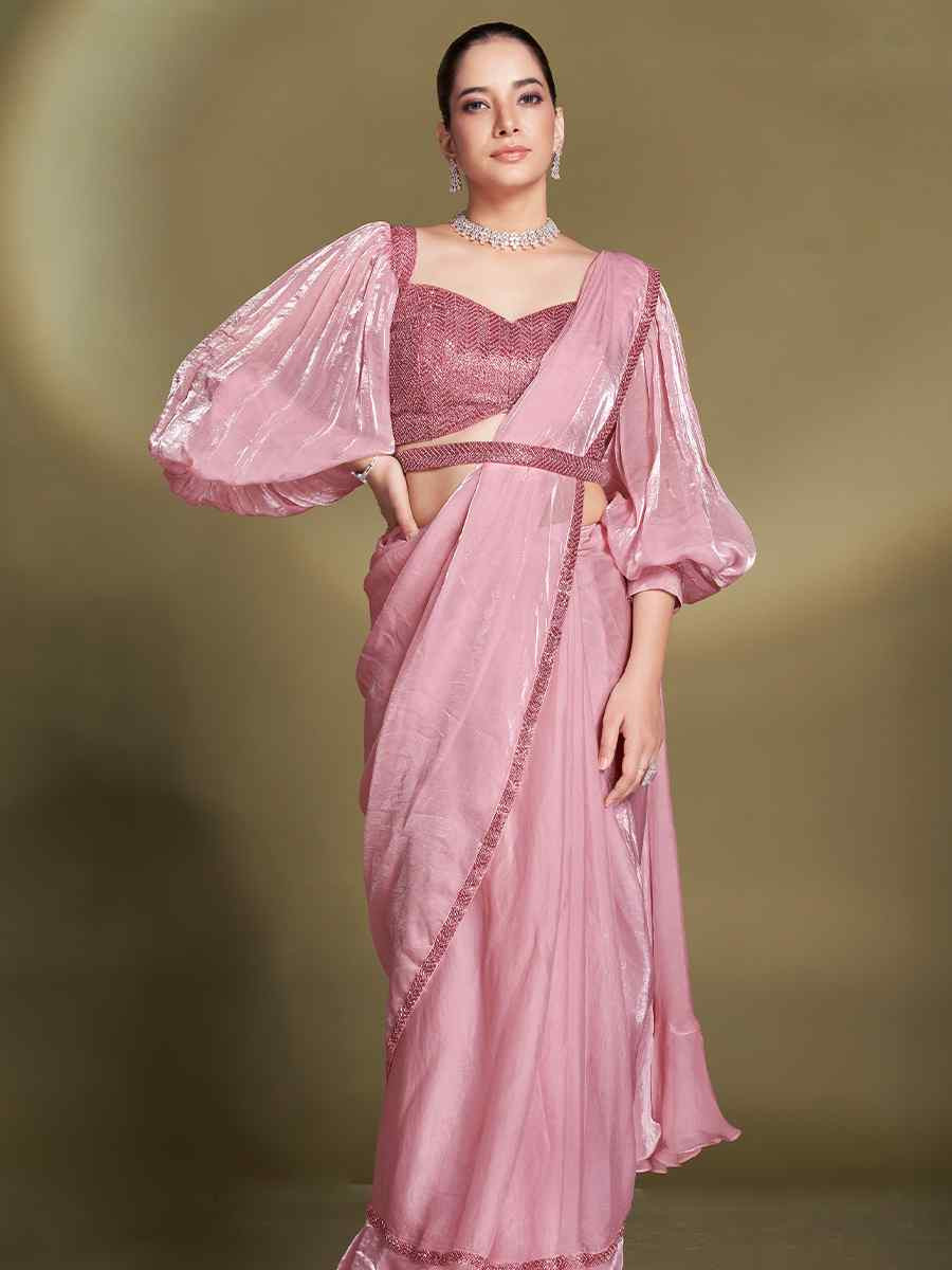 Baby Pink Silk Embroidered Festival Wedding Fancy Heavy Border Saree