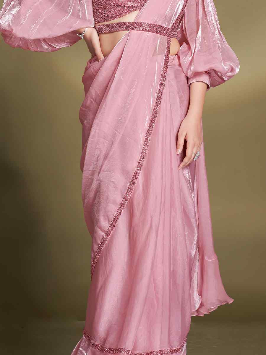 Baby Pink Silk Embroidered Festival Wedding Fancy Heavy Border Saree