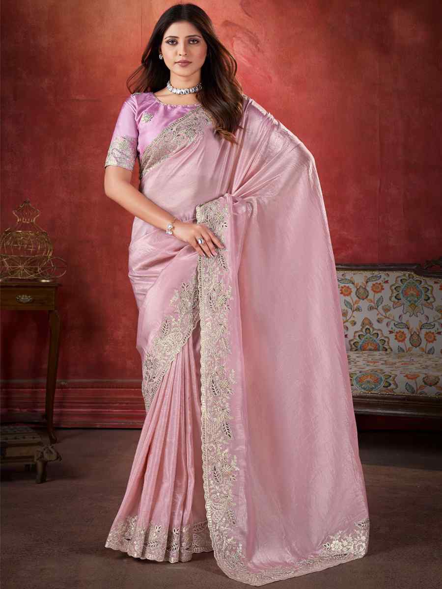 Baby Pink Silk Handwoven Wedding Festival Heavy Border Saree