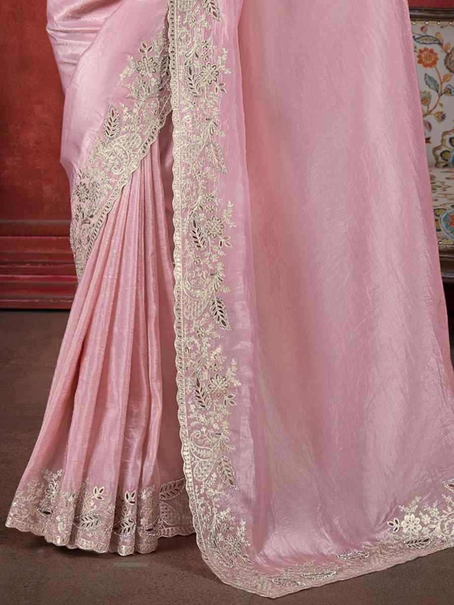 Baby Pink Silk Handwoven Wedding Festival Heavy Border Saree