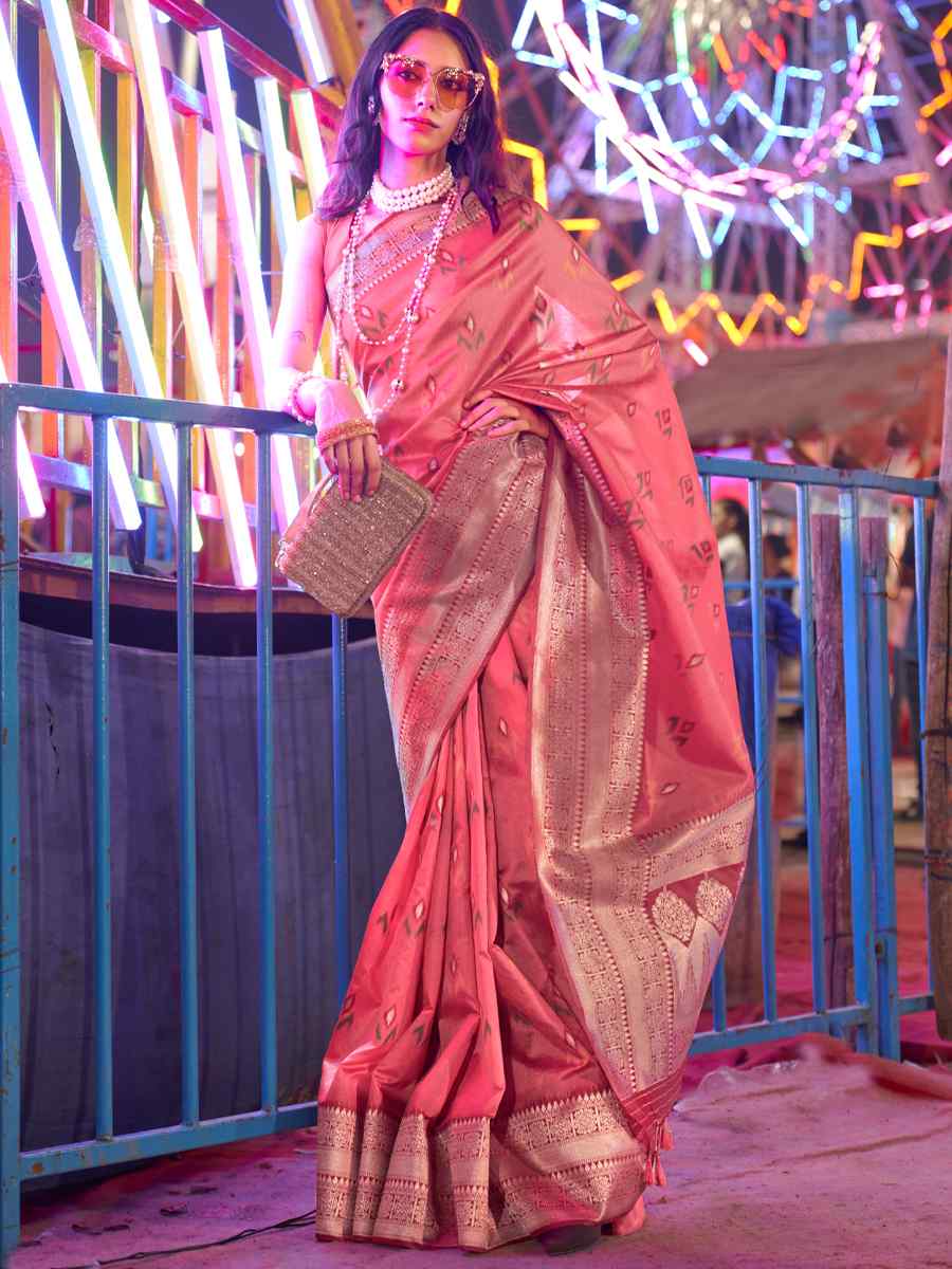 Baby Pink Silk Handwoven Wedding Festival Heavy Border Saree
