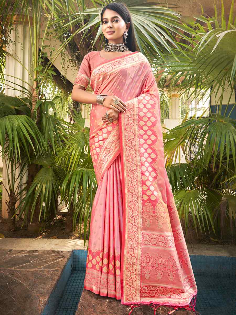 Baby Pink Silk Handwoven Wedding Festival Heavy Border Saree