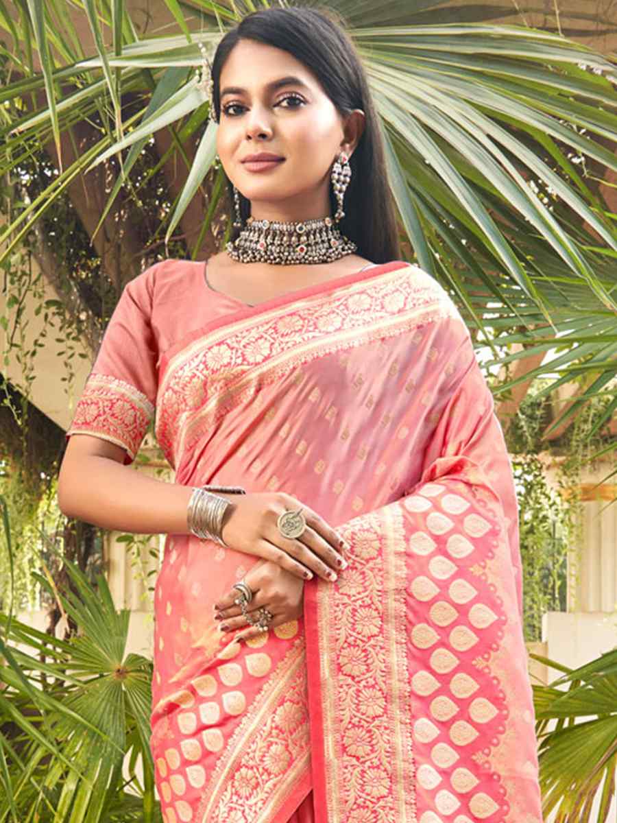 Baby Pink Silk Handwoven Wedding Festival Heavy Border Saree