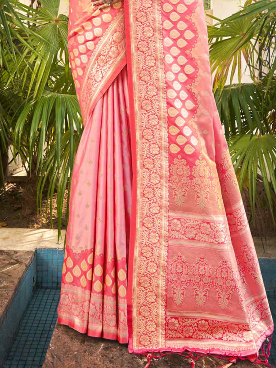 Baby Pink Silk Handwoven Wedding Festival Heavy Border Saree