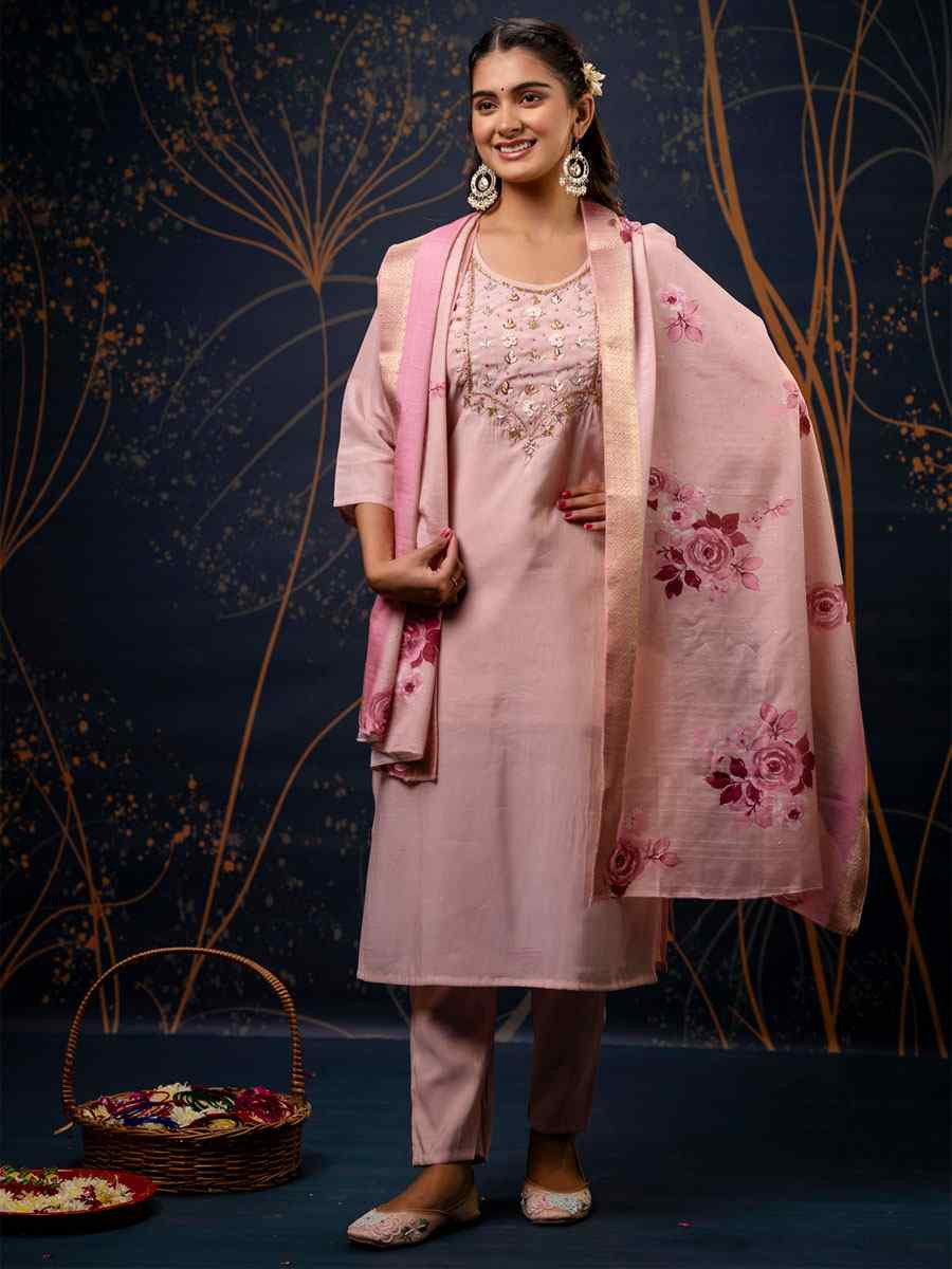 Baby Pink Simar Silk Embroidery Party Wedding Festival Casual Ready Pant Salwar Kameez