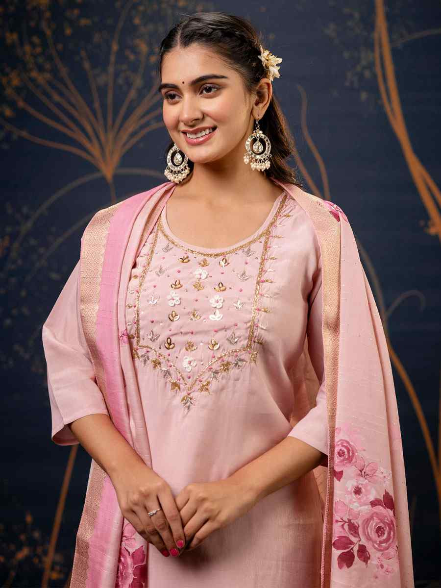 Baby Pink Simar Silk Embroidery Party Wedding Festival Casual Ready Pant Salwar Kameez