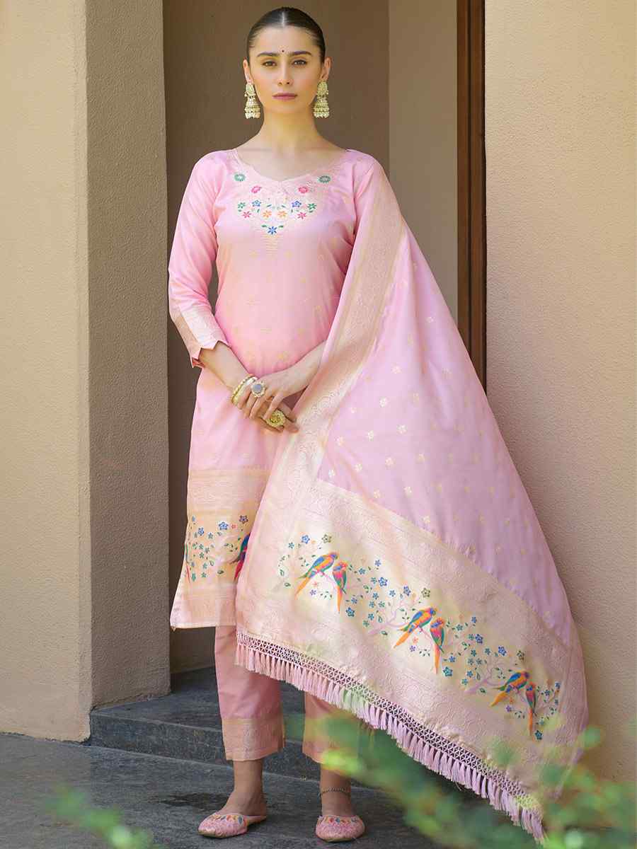 Baby Pink Soft Banarsi Silk Embroidered Casual Festival Pant Salwar Kameez