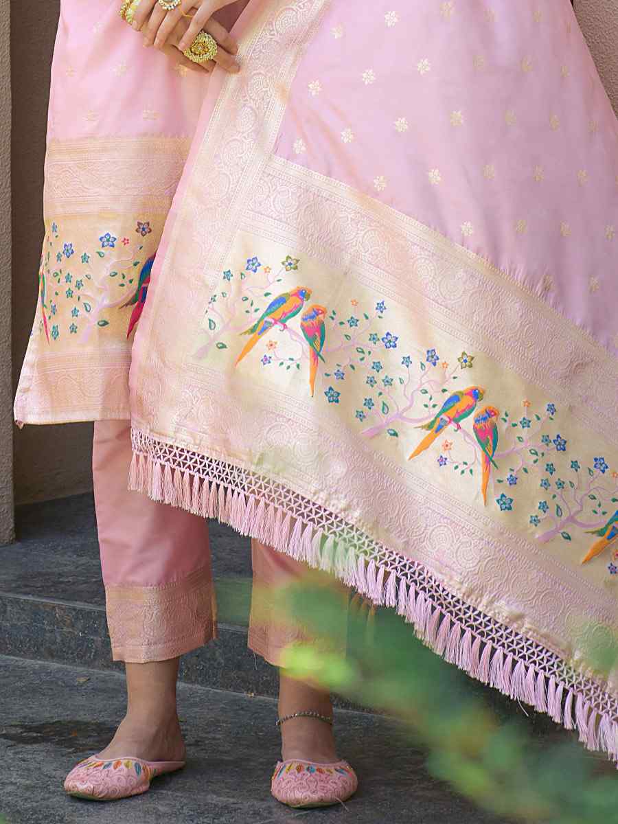 Baby Pink Soft Banarsi Silk Embroidered Casual Festival Pant Salwar Kameez