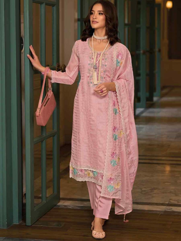 Baby Pink Soft Organza Embroidered Festival Wedding Ready Pant Salwar Kameez