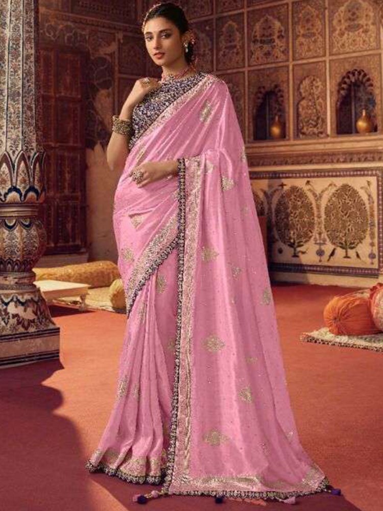 Baby Pink Soft Silk Embroidered Wedding Festival Classic Style Saree