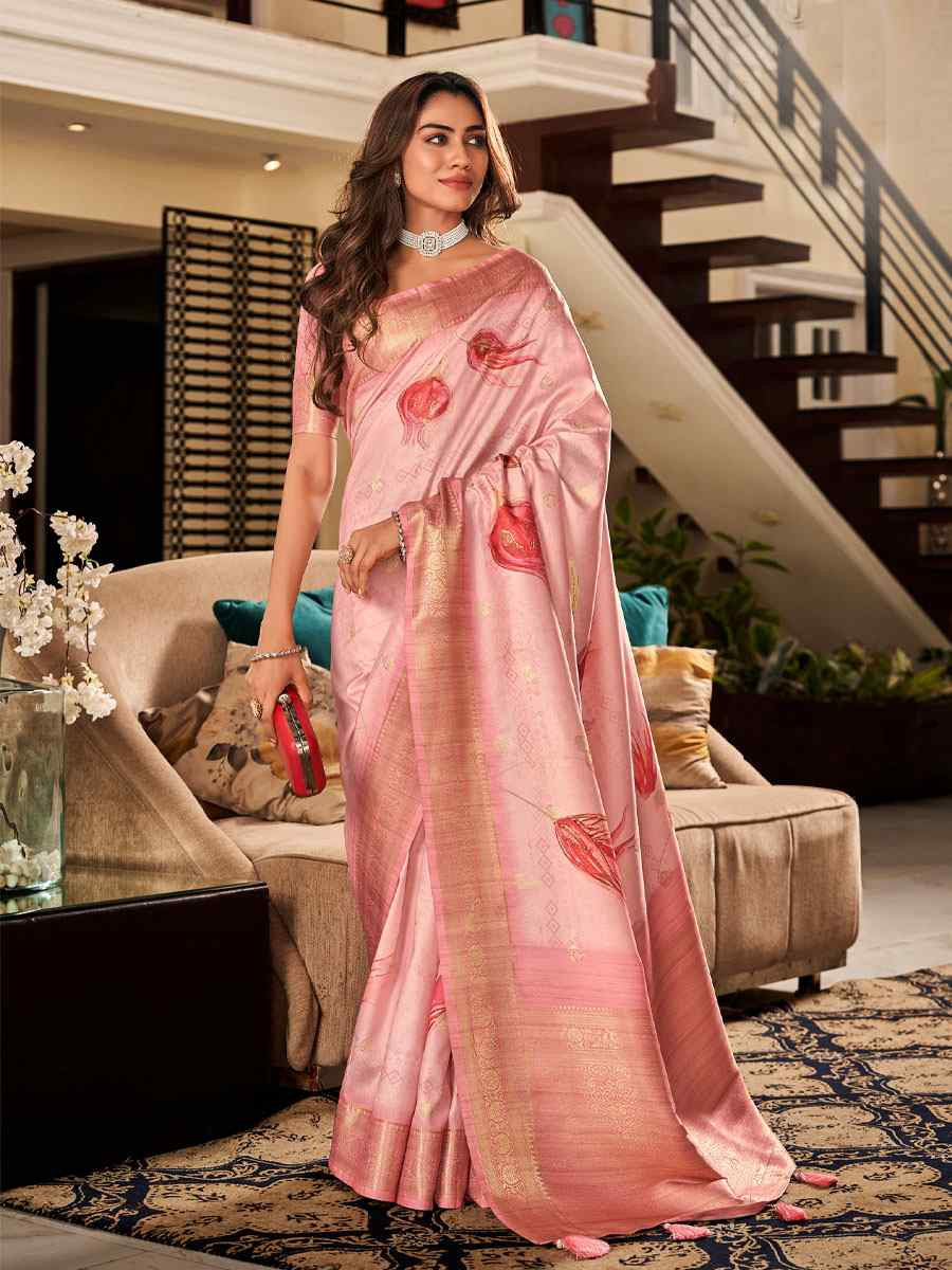 Baby Pink Soft Silk Handwoven Festival Wedding Fancy Heavy Border Saree