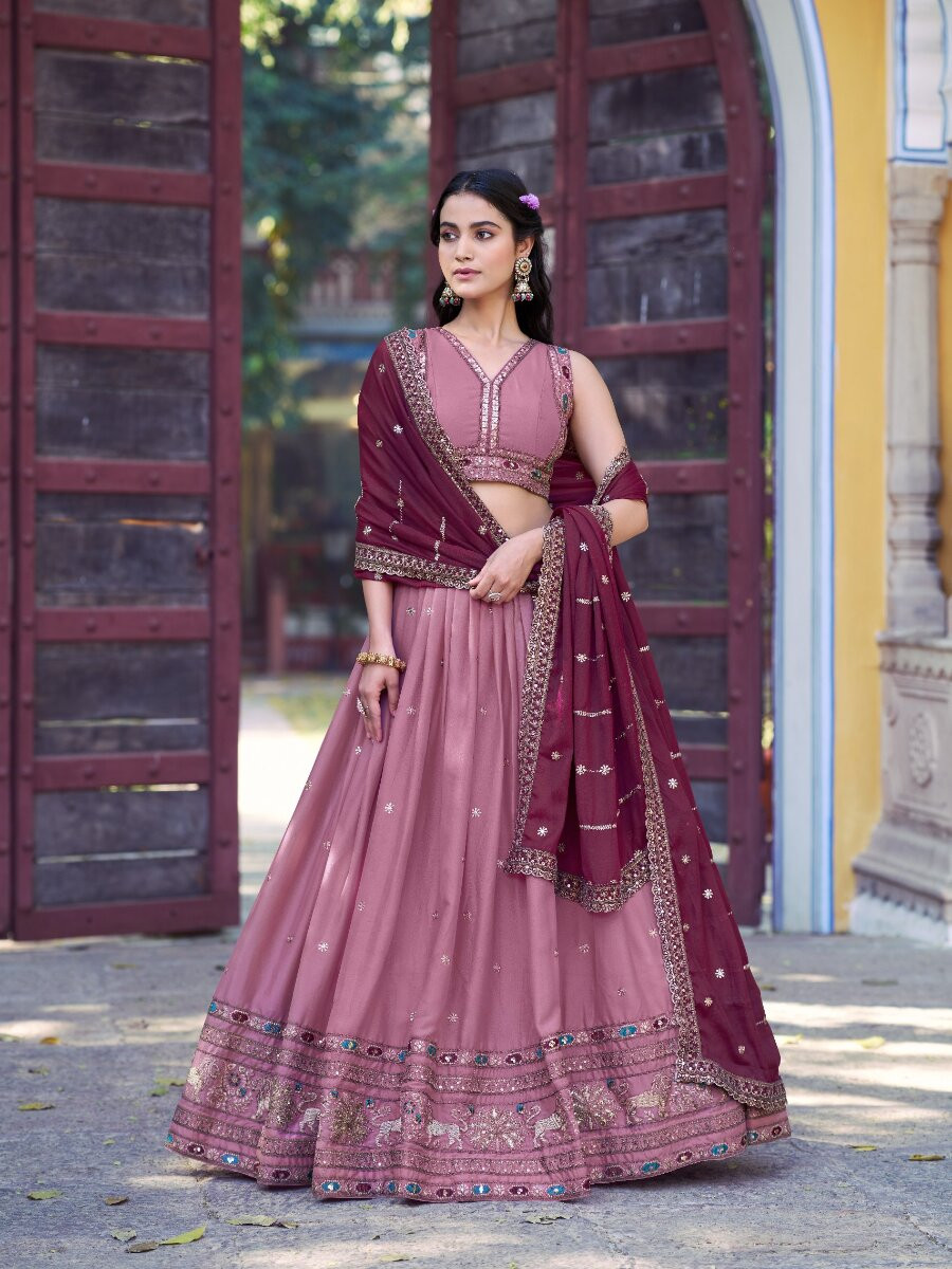 Baby Pink Star Georgette Embroidery Zari Sequins Wedding Reception Party Wear Festival Heavy Border Lehenga Choli