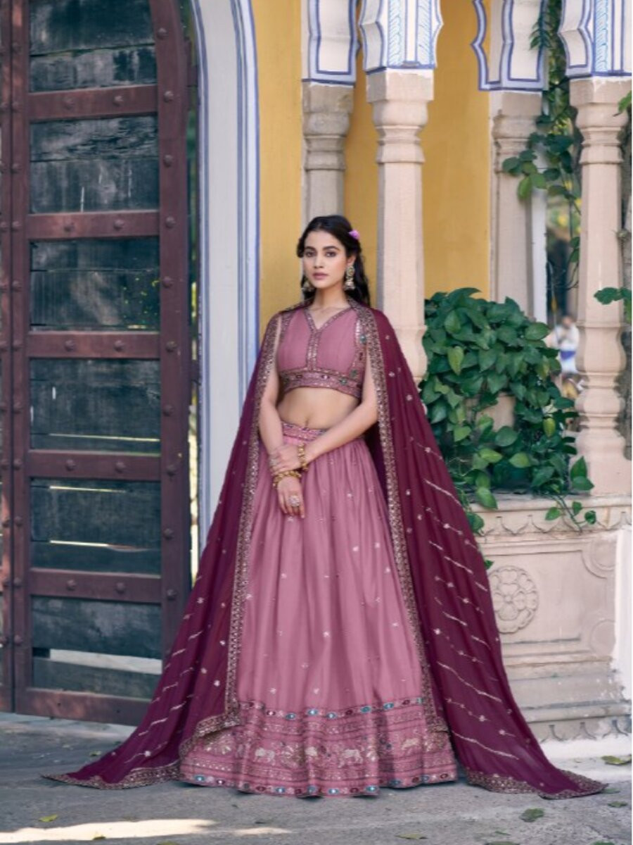 Baby Pink Star Georgette Embroidery Zari Sequins Wedding Reception Party Wear Festival Heavy Border Lehenga Choli
