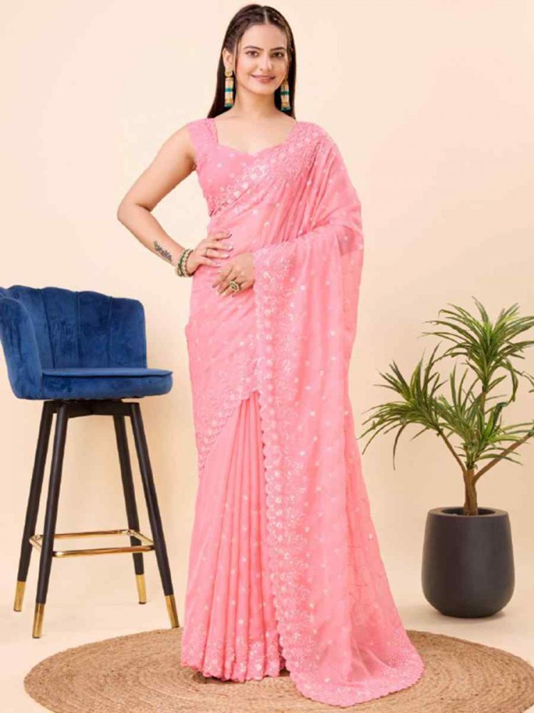 Baby Pink Teby Silk Organza Embroidered Party Casual Heavy Border Saree